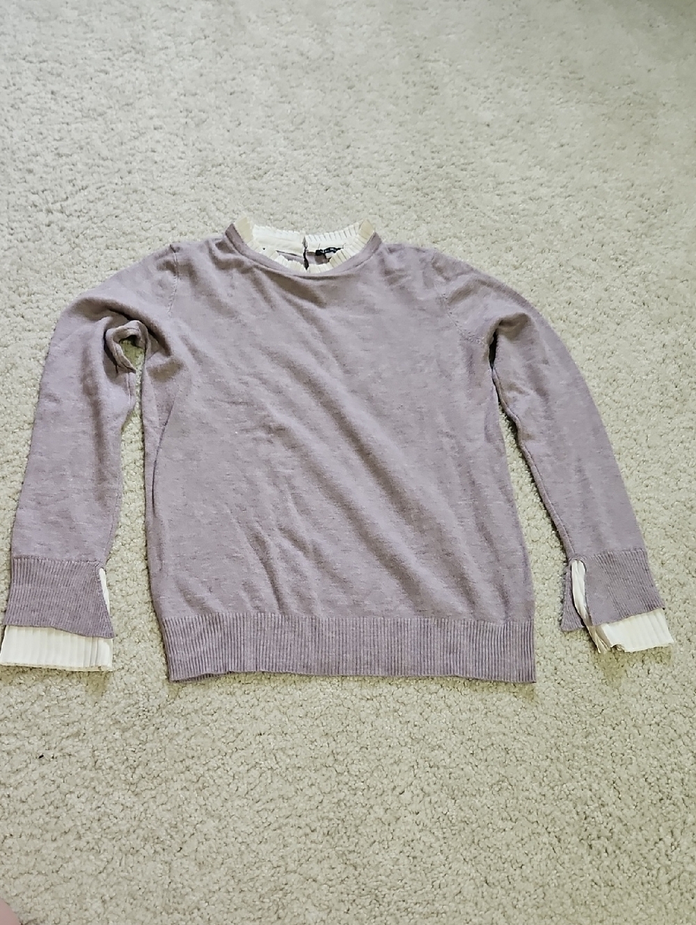Lavender Crewneck Sweater with Cream Pleated Cuff Detail